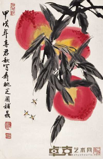 张君秋 何芝圃 甲戌（1994）年作 寿桃蜜蜂 镜心 67×45cm